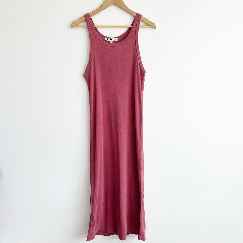 AMO Long Ribbed Tank Dress- Faded Cardinal Red Mauve Large Cotton Sleeveless